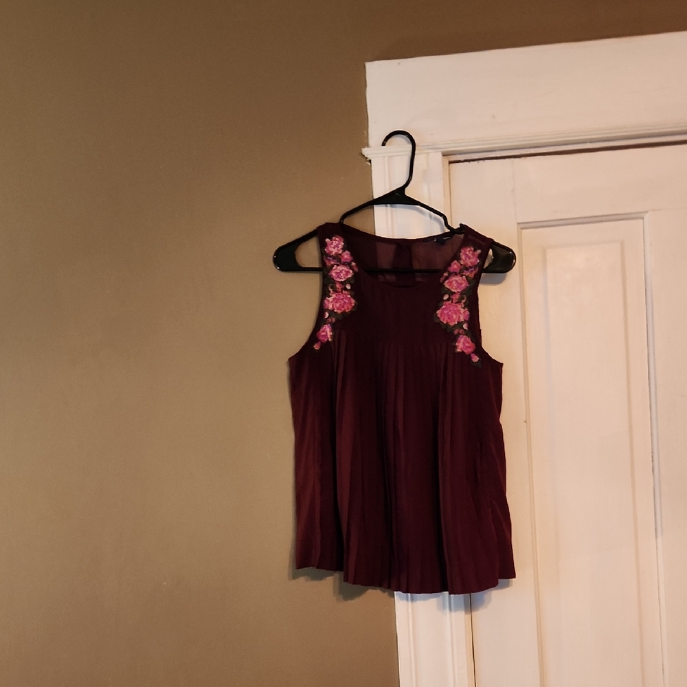 American Eagle Outfitters Burgundy Top with Pink Embroidery
